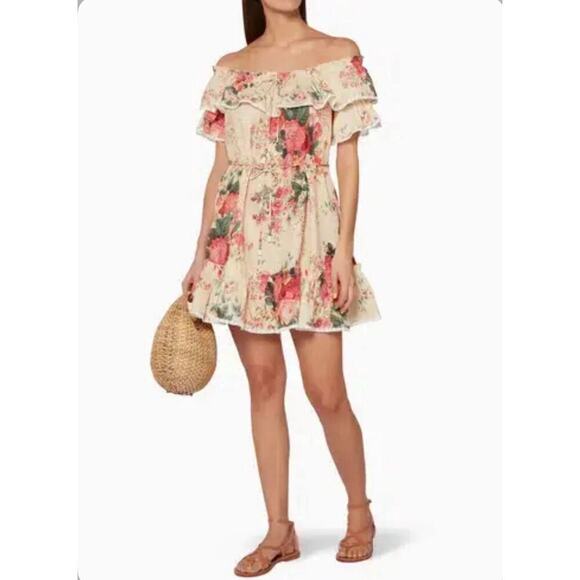 Zimmermann Laelia Frill Tier Short Mini Dress Off Shoulder Floral Linen 2 US 8 - Picture 5 of 9
